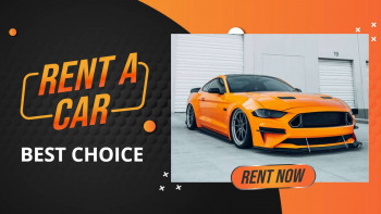 Orange Ford Mustang car rental advertisement