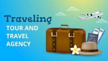 Image depicting travel elements like a suitcase, passport, airplane, and hat, promoting a travel agency.