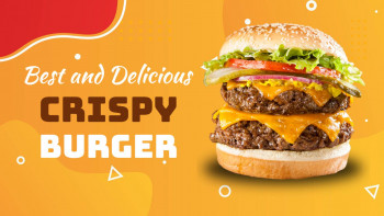 A close-up of a double cheeseburger with the text 'Best and Delicious Crispy Burger'