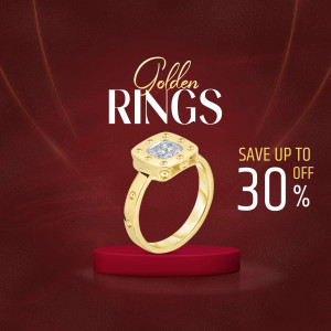Golden ring on a red pedestal with a sale promotion