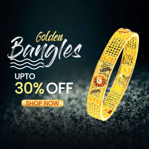 Close-up of golden bangles with a promotional offer