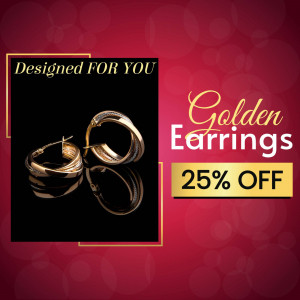 Close-up of golden hoop earrings with a 25% off promotion.