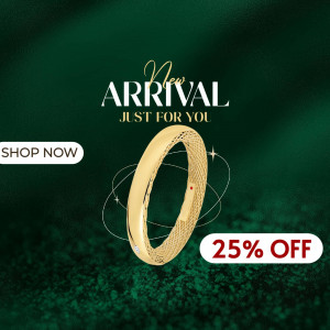 Gold ring with a 'New Arrival' and '25% Off' promotion.