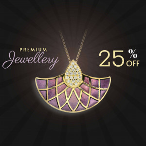 Gold pendant with amethyst and diamond accents on a black background with a 25% off promotion.