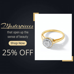 Close-up of a gold and diamond ring with a promotional offer.
