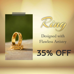 Close-up of a gold ring with a floral design, advertising a 35% discount.