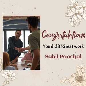 Image of two men shaking hands in a meeting with text 'Congratulations Sahil Panchal'