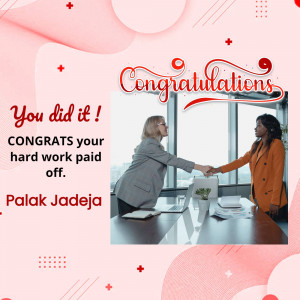 Two businesswomen shaking hands with a congratulatory message.