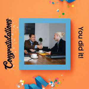 Image of a handshake between a man and a woman during a job interview, with celebratory decorations.