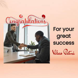 Two men shaking hands in an office setting with a congratulatory message.