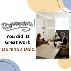 A celebratory image with a team shaking hands and text 'Congratulations Darshan Dala!'