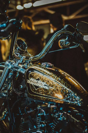 Close-up of a Harley-Davidson motorcycle gas tank and handlebars