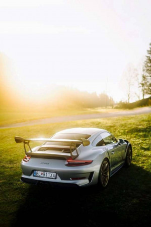 Rear view of a silver Porsche 911 GT3 RS parked on a grassy field during sunset