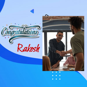 Image of a handshake with a 'Congratulations Rakesh' graphic.