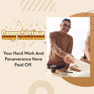 A man shaking hands with a colleague, with a 'Congratulations' message.