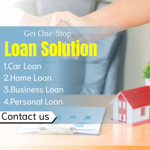 Handshake over a desk with loan options and a house model