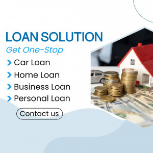 Image depicting loan solutions for car, home, business, and personal needs with stacks of coins and a house.
