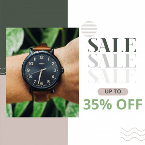 A person wearing a Timex watch with a sale promotion in the background.