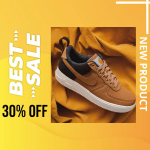 Close-up of brown Nike Air Force 1 sneakers with a sale promotion.