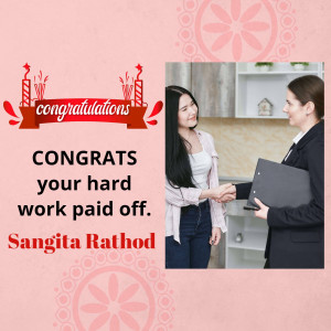 Image of a realtor handing keys to a new homeowner, Sangita Rathod, with celebratory graphics.