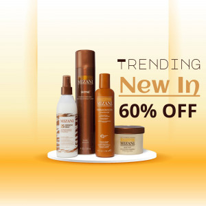Mizani haircare products on display with a 60% off promotion.