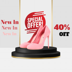 Pink high heel shoes on a black pedestal with a special offer banner.