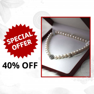 Pearl necklace in an open gift box with a 40% off special offer banner.