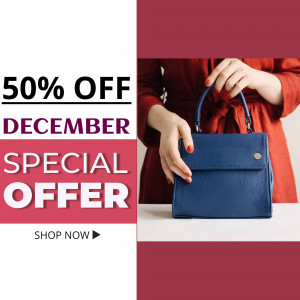 Woman holding a blue handbag with a 50% off sale promotion.