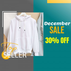 White hoodie on a hanger with a December sale promotion