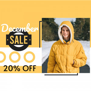 Man wearing a yellow winter jacket with a December sale promotion.
