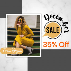 Woman in yellow dress promoting a December sale