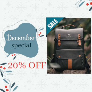 Stylish grey and brown backpack with a December sale promotion.