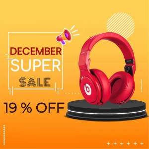 Red Beats headphones on display with a December Super Sale promotion.