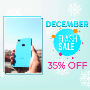 Image of a hand holding a turquoise iPhone with a December flash sale promotion.