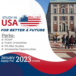Promotional image for studying in the USA with details about perks and application dates.