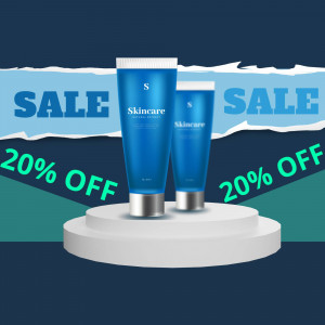 Skincare products on display with a 20% off sale promotion.
