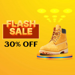 Timberland boot on a pedestal with a flash sale promotion