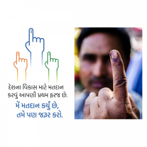 A man showing his ink-stained finger after voting, with raised hands in the background symbolizing participation in the election.