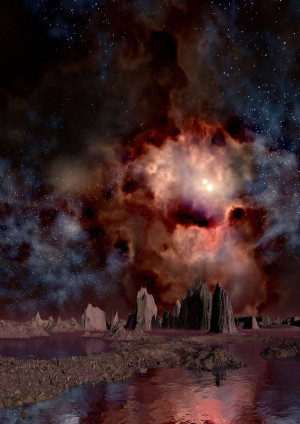 A digital painting of a surreal landscape with a nebula in the sky and rocky formations on the ground.