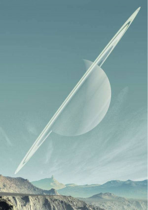 A surreal image of Saturn appearing over a desert landscape.