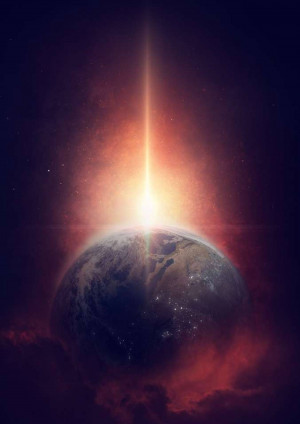 A dramatic image of Earth with a bright sunrise or solar flare.