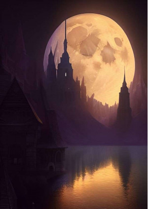 A spooky castle silhouetted against a large, orange full moon.