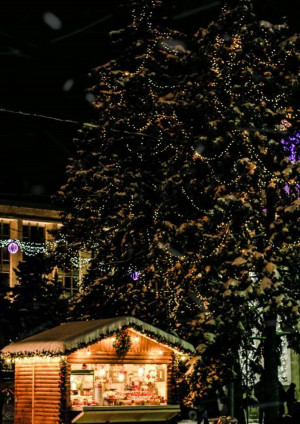 A warmly lit Christmas market stall under a decorated tree at night.