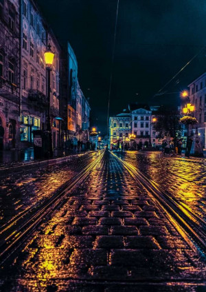 A wet cobblestone street illuminated by streetlights at night.