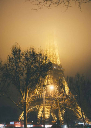 The Eiffel Tower illuminated at night, partially obscured by fog.
