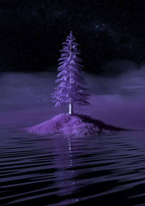 A lone purple tree on a small island in a dark, starry night