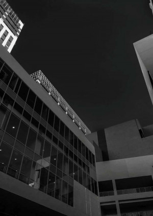 Black and white image of modern buildings at night