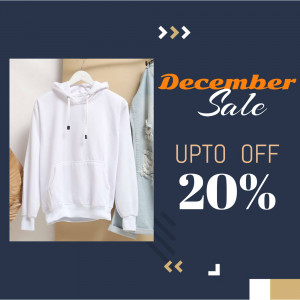 White hoodie on a hanger with December sale promotion