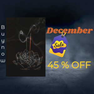 Image of burning incense sticks with a lotus flower and a December sale promotion.