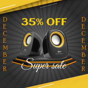 Black speakers with a yellow and gold sale banner offering 35% off in December.